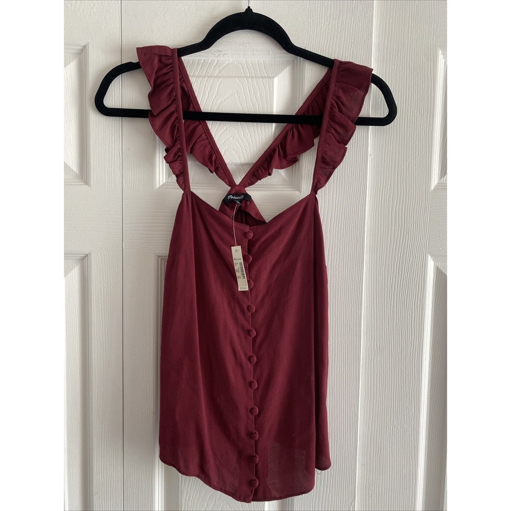 Madewell Ruffle Strap Button Front Cami Womens Size 00 Red Tank NEW Fem